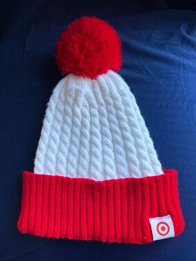Target White Cable Knit Beanie with Red Cuff and Pom